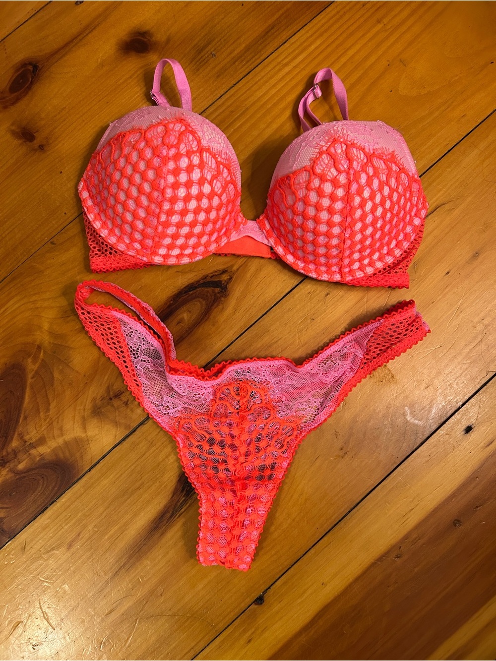 NWT Victoria's Secret Very Sexy Push Neon Pink & Coral Lace and Thong Set